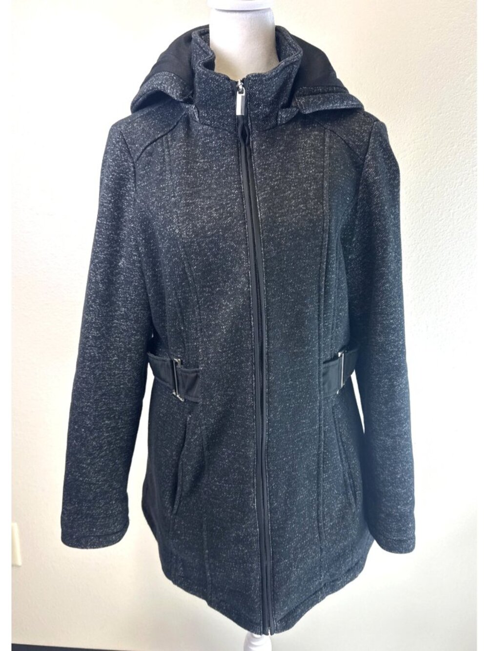 Liz Clairborne Heathered Black Zip-Up Hooded Coat Pockets Medium